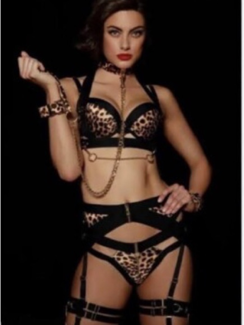 Honey Birdette Kukuro Set in Leopard Bra (34B) Thong (XS) Suspender (S) K58